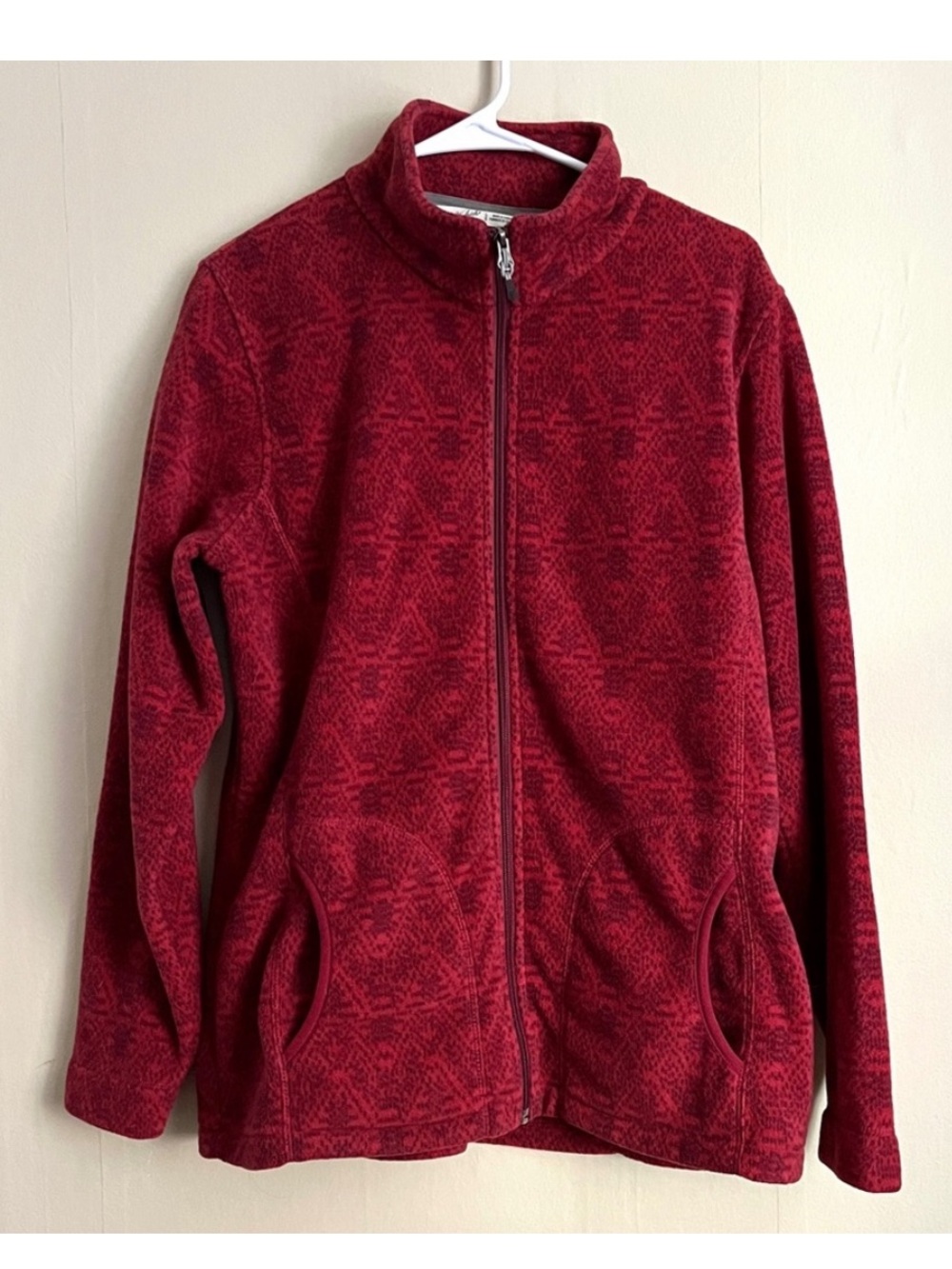 Woolrich | Printed Full-Zip Polar Fleece Jacket | Wine/ Maroon | Size Large